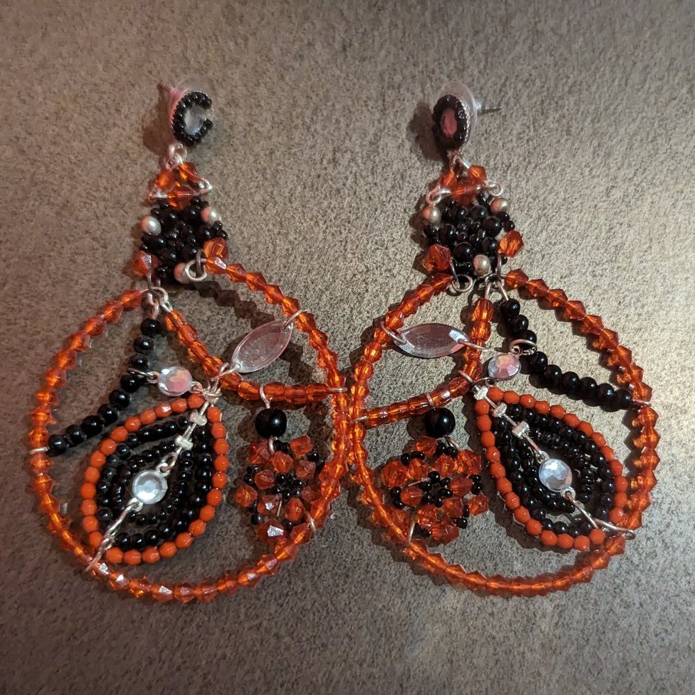 Oversized Unique Orange & Black Beaded Statement Earrings
